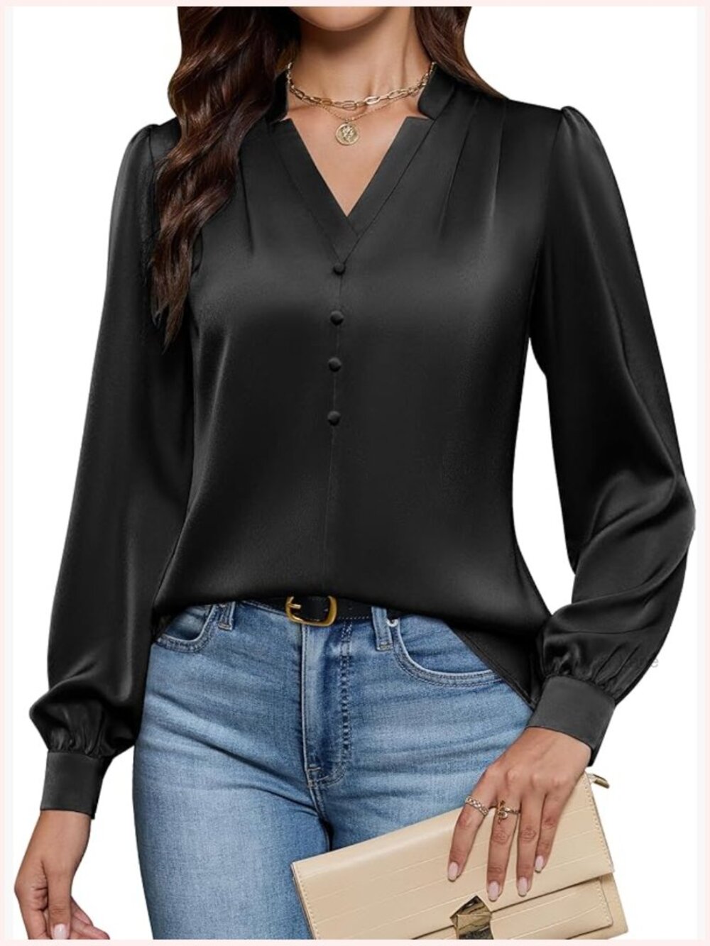 Dressy Business Casual Long Sleeve V-Neck Silk Satin Blouse Work Top